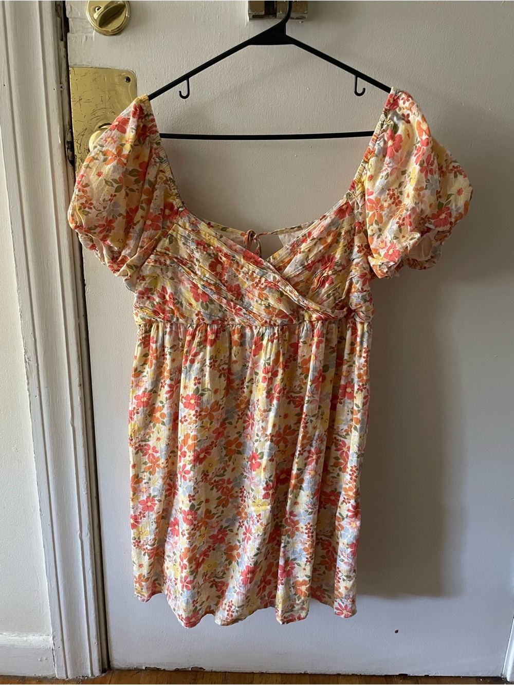 Floral Puff Sleeve Square-Neck Women’s babydoll dress- Cream with Coral & Yellow